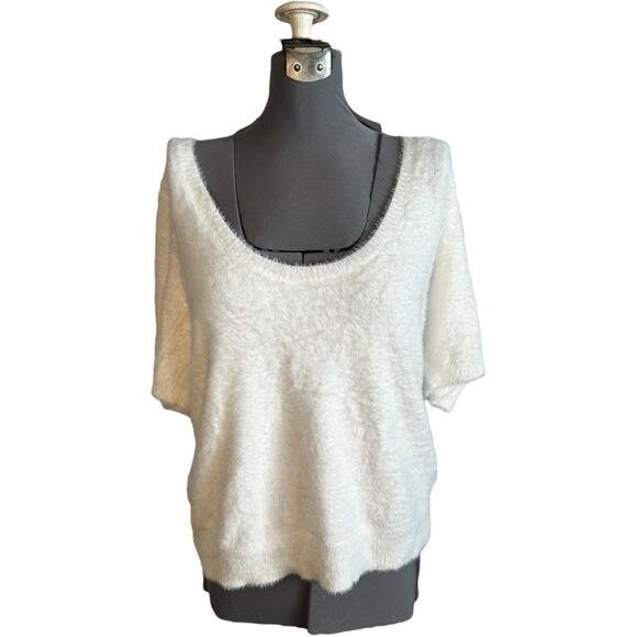 Maeve Eyelash Knit Sweater Tee White Scoop Neck Short Sleeve Top XL - Picture 2 of 8